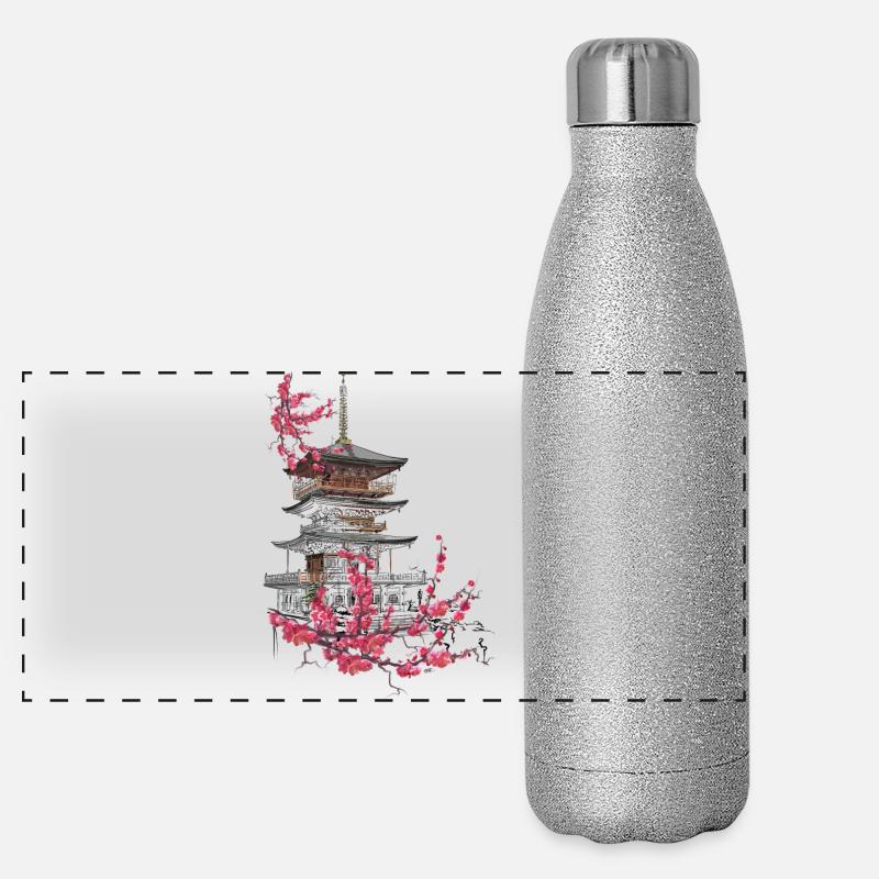 Pagode und Sakura Panorama Glitzer Isolierflasche 500 ml