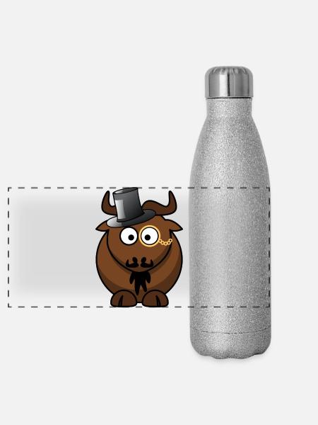 Büffelkarikatur mit Monokel - Panorama Glitzer Isolierflasche 500 ml - Silber Glitzer