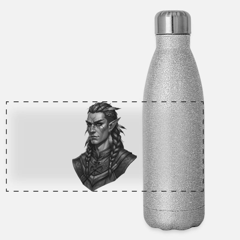 Portrait de guerrier elfe en noir et blanc Gourde isotherme panoramique pailletée 500 ml