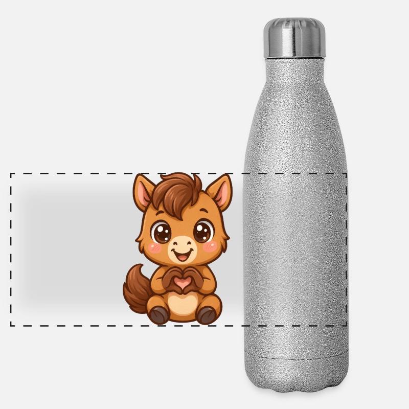 Süßes Pferd mit Herzhänden Panorama Glitzer Isolierflasche 500 ml