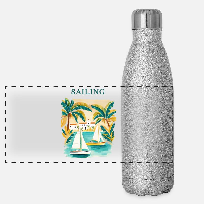 Tropical sailing dream at the harbor Panoramic Glitter Thermal Bottle 500 ml