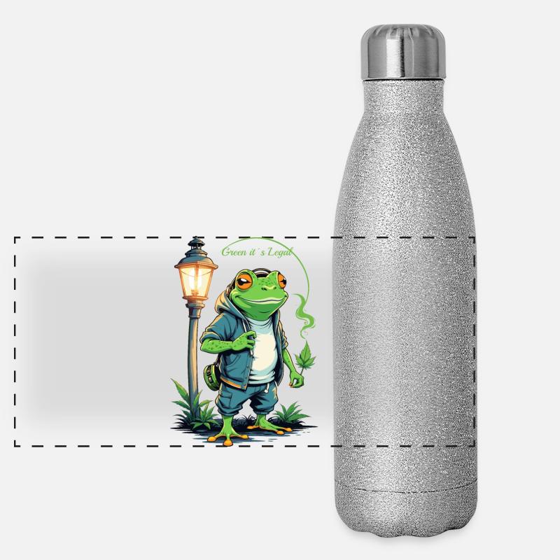 Green frog with hemp leaf Panoramic Glitter Thermal Bottle 500 ml