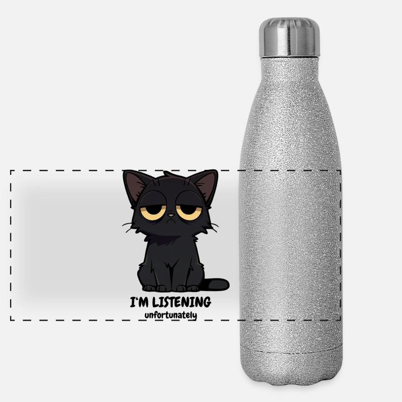 Mürrische Schwarze Katze | Null Bock Katzen Motiv Panorama Glitzer Isolierflasche 500 ml