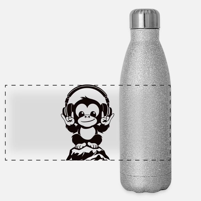 DJ Affe – Kopfhörer & Rockhandzeichen Panorama Glitzer Isolierflasche 500 ml