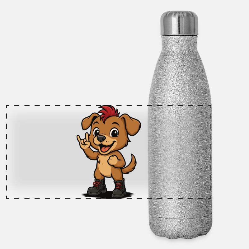 Punk Rock Welpe mit Iro und Boots Panorama Glitzer Isolierflasche 500 ml