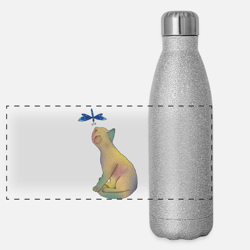 Katze mit blauer Libelle Panorama Glitzer Isolierflasche 500 ml