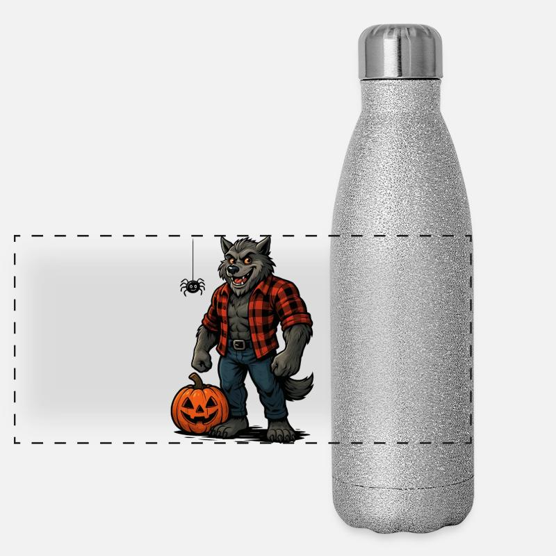 Loup-garou d’Halloween avec citrouille et araignée Gourde isotherme panoramique pailletée 500 ml