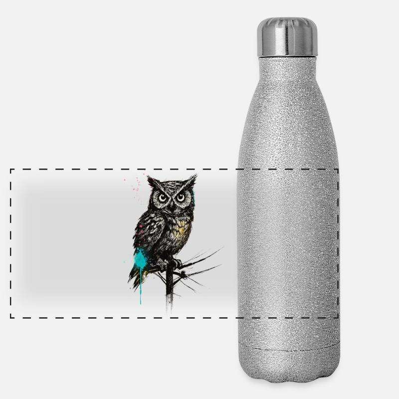 NightOwl with Paint Splashes - Panoramic Glitter Thermal Bottle 500 ml - silver glitter