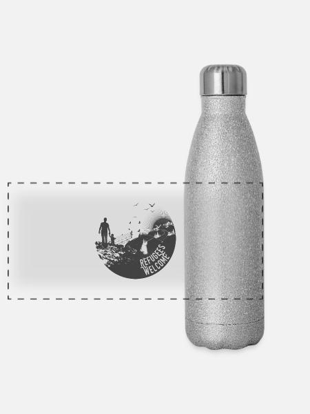 Refugees Welcome - Panorama Glitzer Isolierflasche 500 ml - Silber Glitzer - Vorne