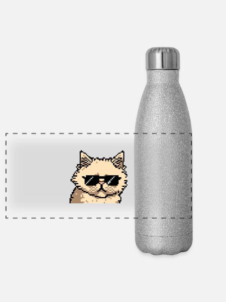 Chat persan Negan avec des lunettes de soleil en pixel art - Gourde isotherme panoramique pailletée 500 ml - paillettes argentées - Devant