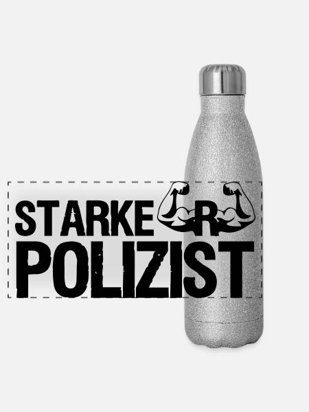 Starker Polizist, Polizei, Sprüche, Geschenk - Panorama Glitzer Isolierflasche 500 ml - Silber Glitzer - Vorne