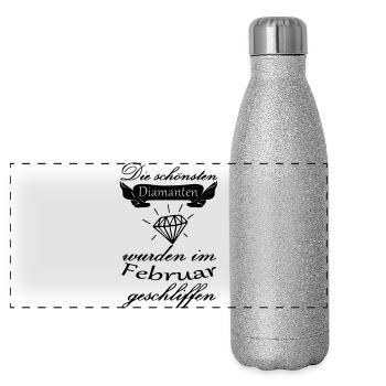 Februar Diamanten Geburtstag Geschenk Spruch - Panorama Glitzer Isolierflasche 500 ml - Silber Glitzer - Vorne