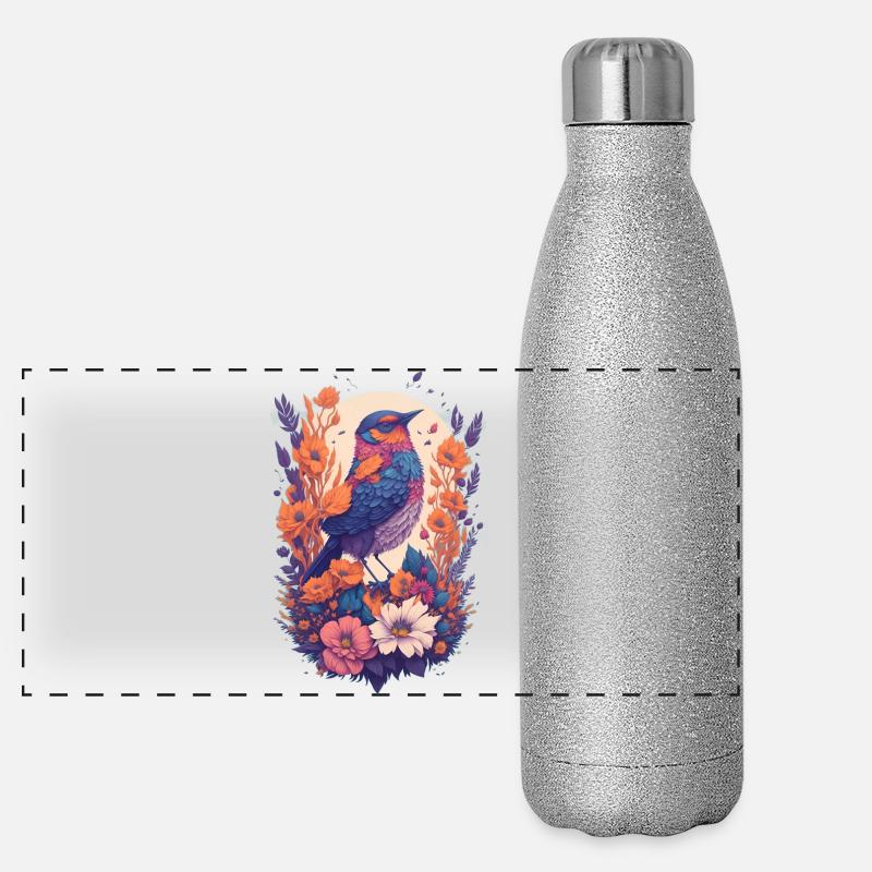 Oiseaux dans un bouquet de fleurs Gourde isotherme panoramique pailletée 500 ml