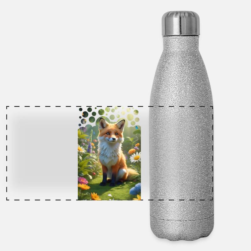 Vilain renard mignon sur une prairie avec des fleurs Gourde isotherme panoramique pailletée 500 ml