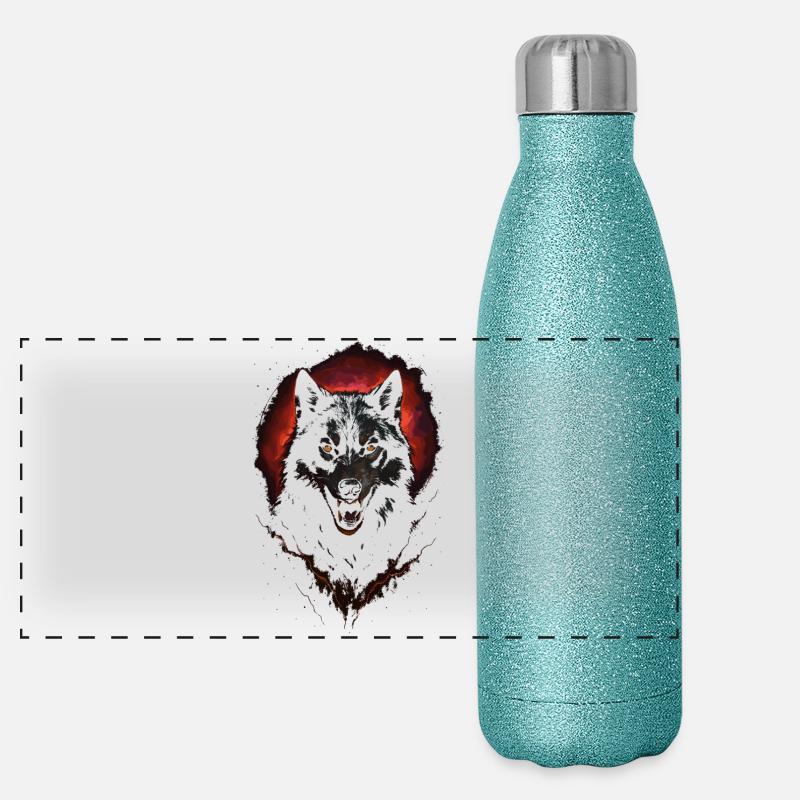Dark Wolf Intense Night Creature Red Halo Panoramic Glitter Thermal Bottle 500 ml
