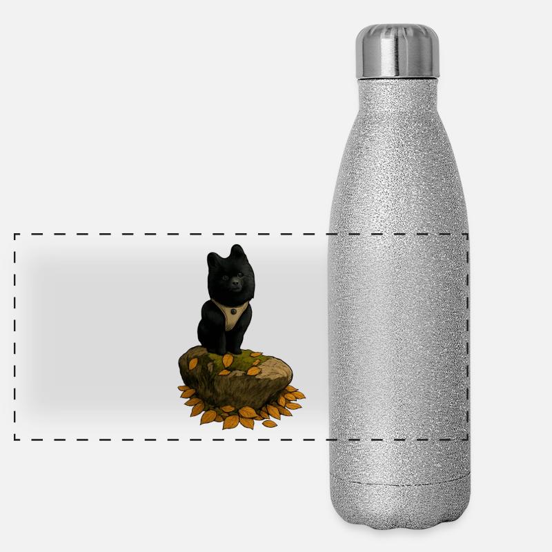 Schwarzer Spitz Hund auf Baumstamm Panorama Glitzer Isolierflasche 500 ml