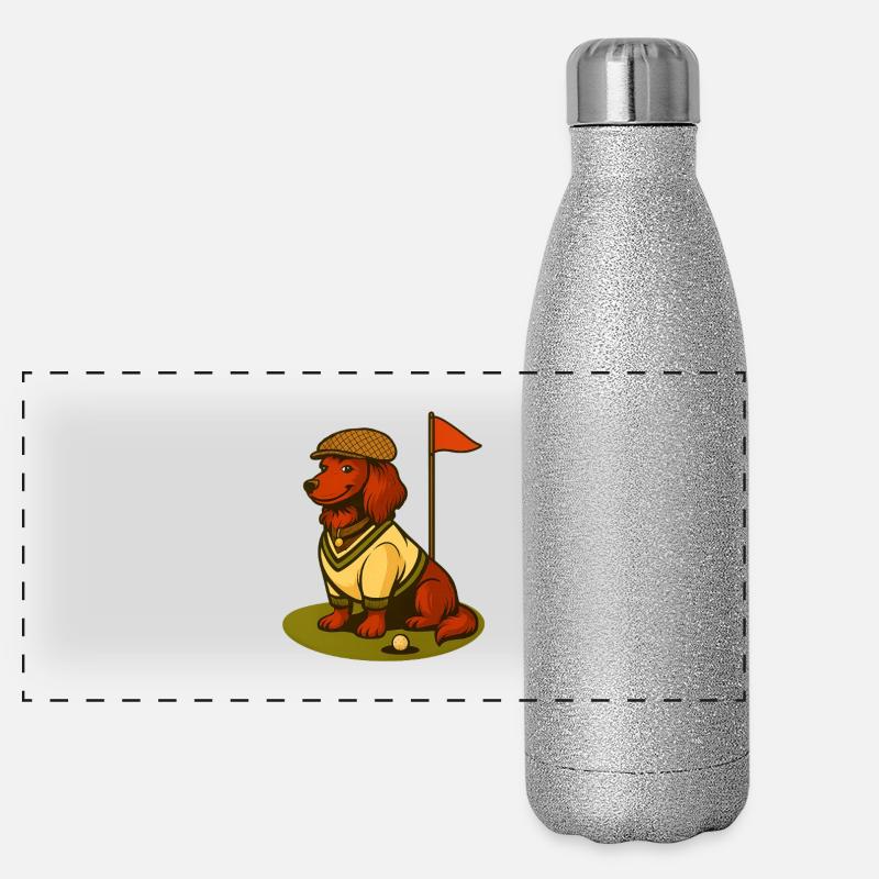 Golf dachshund in retro outfit with flag. Panoramic Glitter Thermal Bottle 500 ml