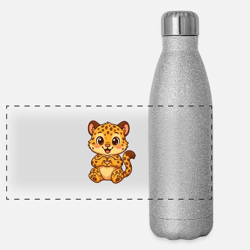 Mignon léopard avec des mains en forme de cœur Gourde isotherme panoramique pailletée 500 ml