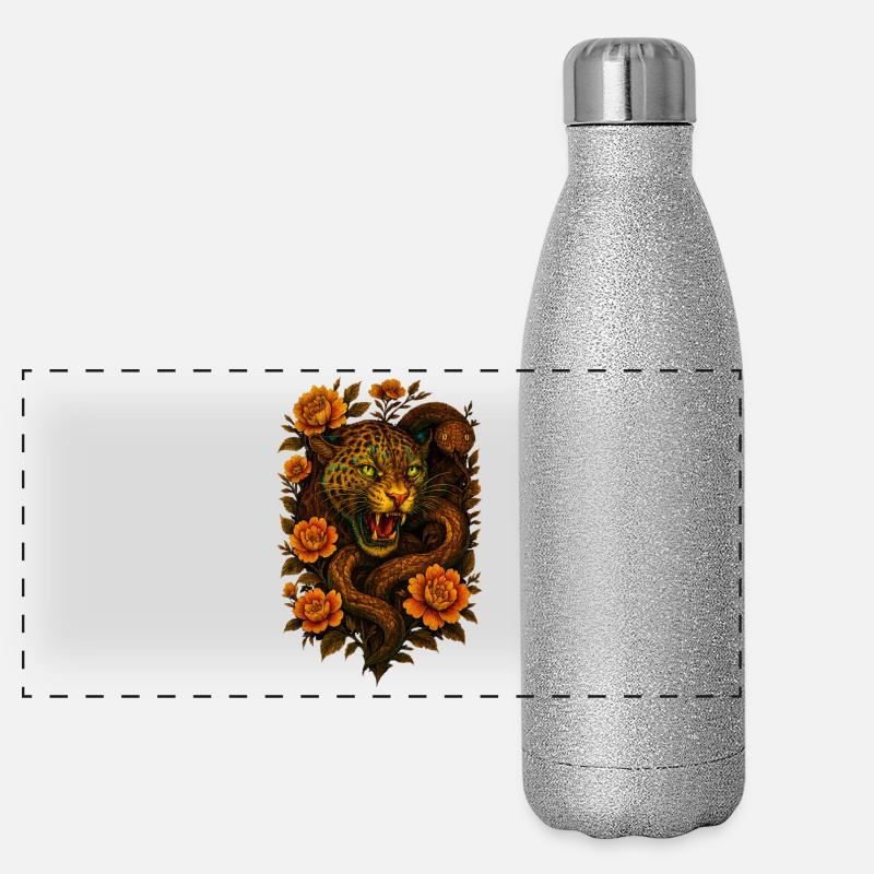 Léopard et serpent sifflants au design rétro Gourde isotherme panoramique pailletée 500 ml