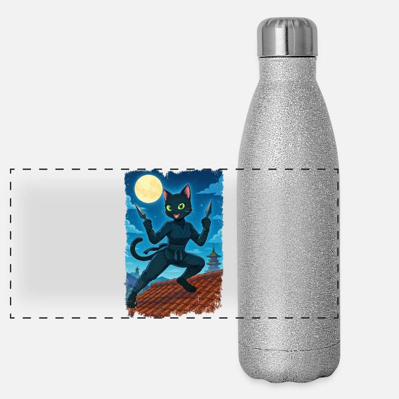 Moon Ninja Cat - Panoramic Glitter Thermal Bottle 500 ml - silver glitter