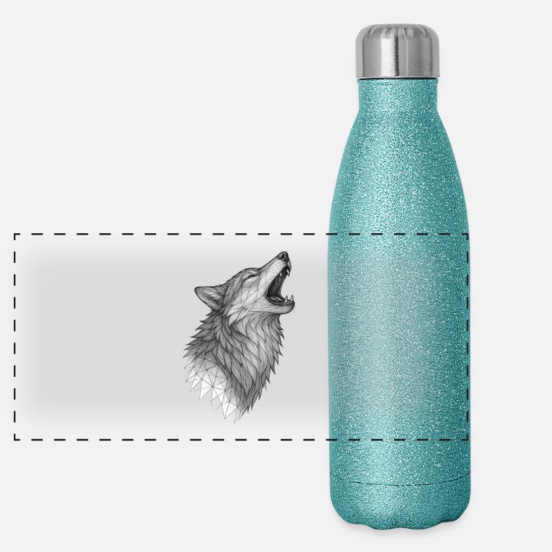 Geometrischer Wolfkopf im Heulen Panorama Glitzer Isolierflasche 500 ml