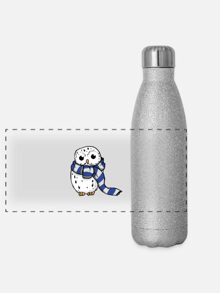 Schneeeule Blau-Weiß - Panorama Glitzer Isolierflasche 500 ml - Silber Glitzer - Vorne