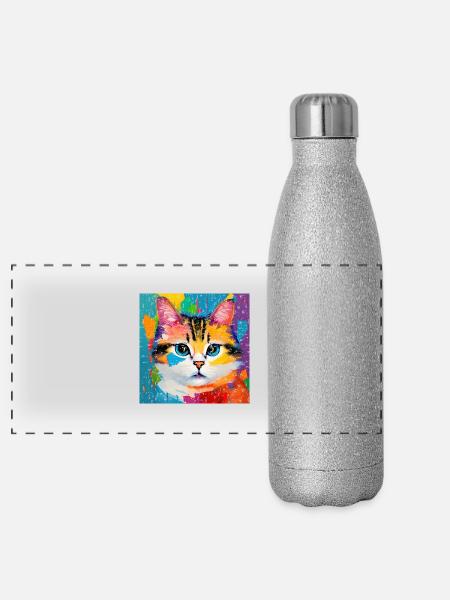 Cat Domestic Cat Oil Painting - Panoramic Glitter Thermal Bottle 500 ml - silver glitter - Front
