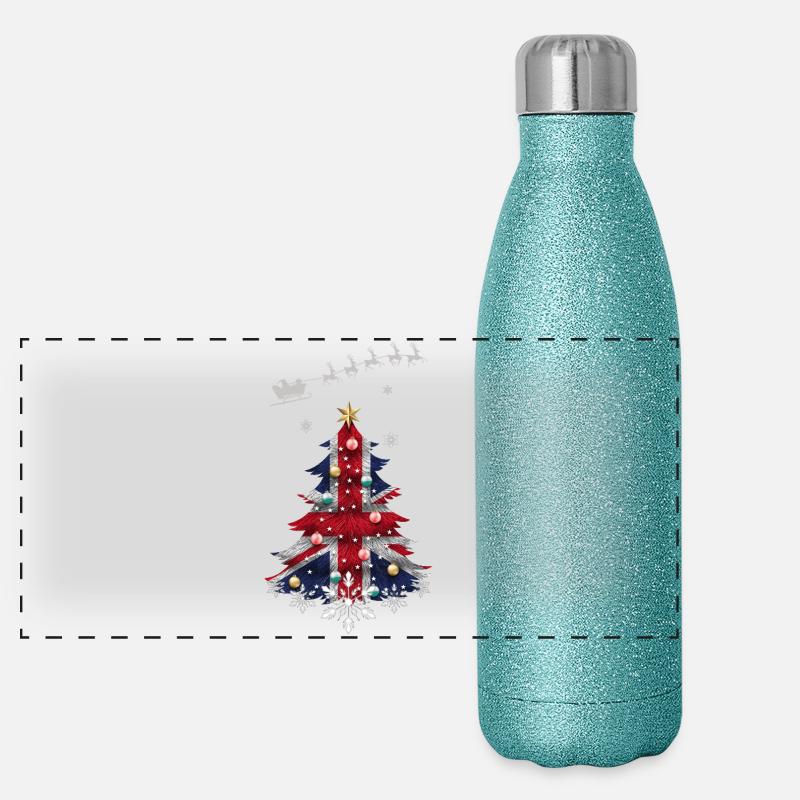 Sapin de Noël avec drapeau du Royaume-Uni Gourde isotherme panoramique pailletée 500 ml