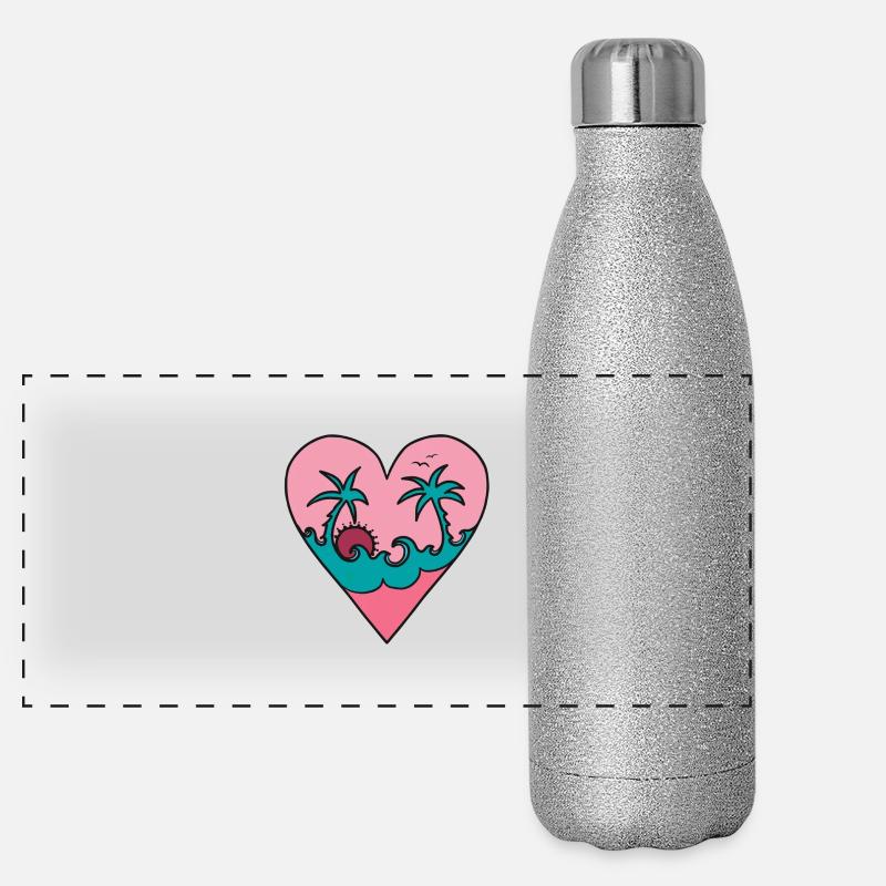 Coeur vacances, palmiers, soleil, vagues, été, Gourde isotherme panoramique pailletée 500 ml