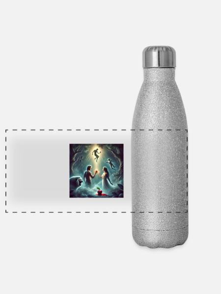Adam and Eve and the fruit of the tree of wisdom - Panoramic Glitter Thermal Bottle 500 ml - silver glitter - Front