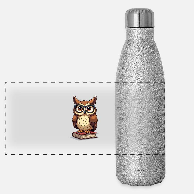 Cute owl with glasses on book Panoramic Glitter Thermal Bottle 500 ml