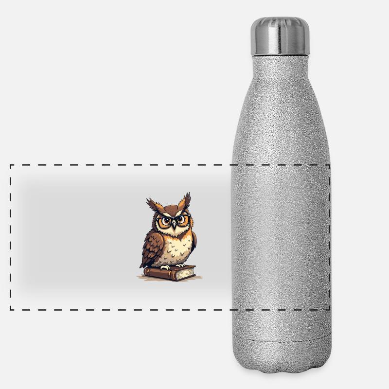 Cute owl with glasses on book Panoramic Glitter Thermal Bottle 500 ml
