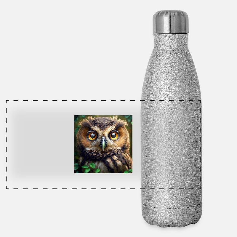 Owl Face Portrait Forest Bird of Prey Vigilant Panoramic Glitter Thermal Bottle 500 ml