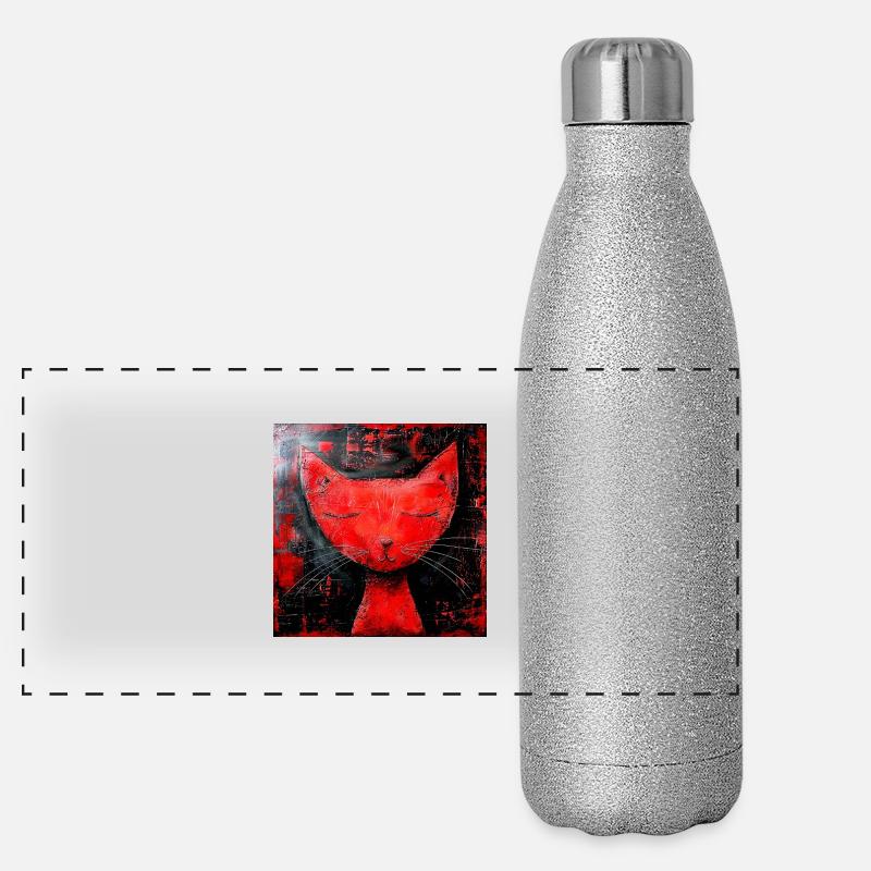 Red Cat Graphic Stylized Abstract Relaxation Room - Panoramic Glitter Thermal Bottle 500 ml - silver glitter