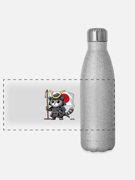 Neko Samurai - 猫侍。 - Japanese Samurai Cat - Panoramic Glitter Thermal Bottle 500 ml - silver glitter - Front