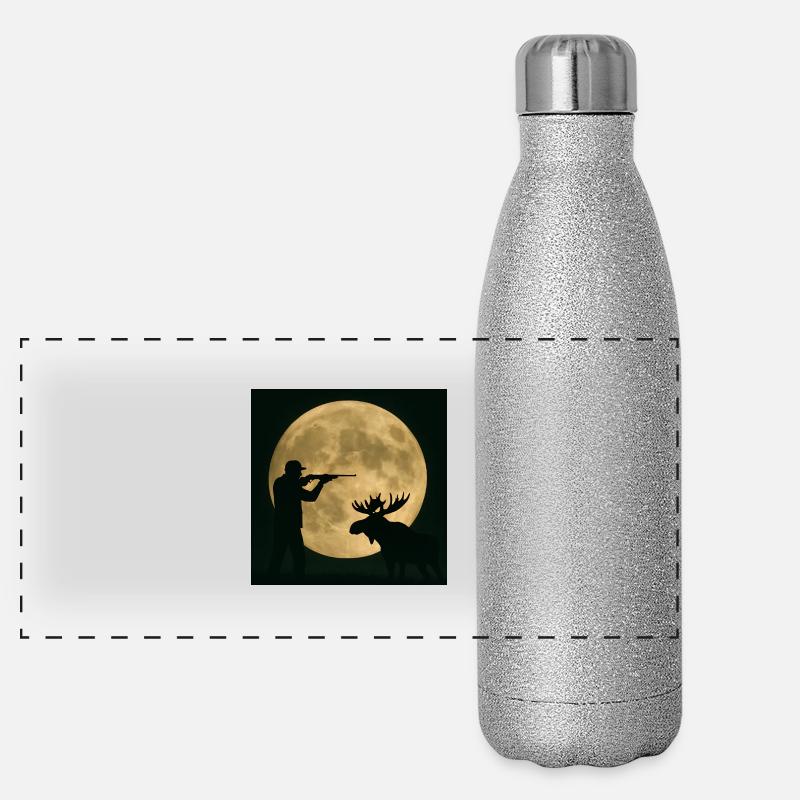 Jäger und Elch bei Vollmond Panorama Glitzer Isolierflasche 500 ml