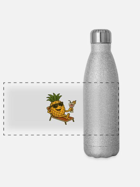 Relaxed Pineapple Joey – Lustiges Sommerdesign - Panorama Glitzer Isolierflasche 500 ml - Silber Glitzer - Vorne
