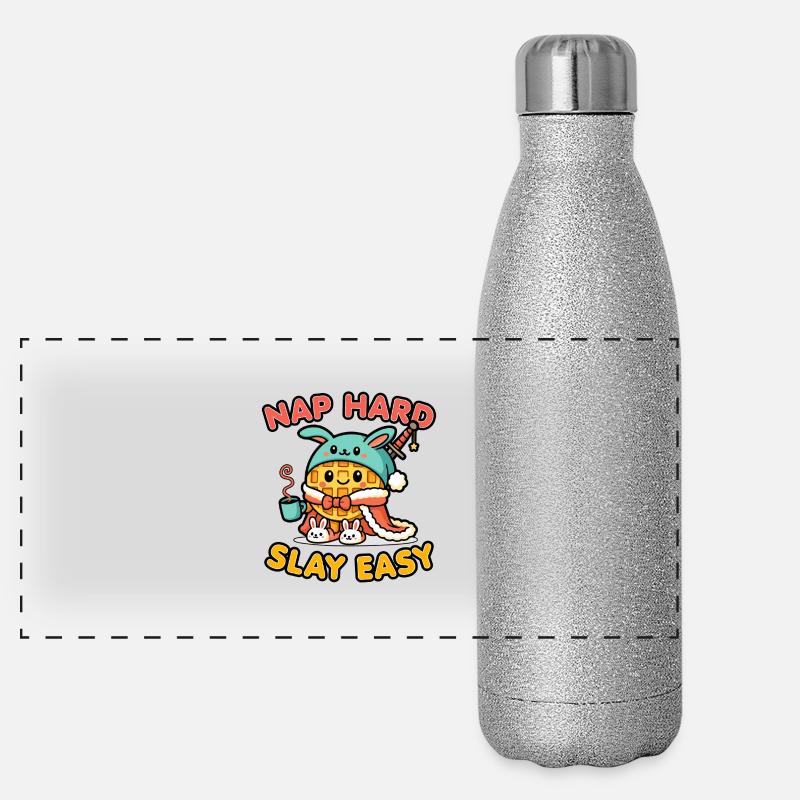 Süßer Kawaii Waffelkrieger – Nickerchen hart, leicht töten Panorama Glitzer Isolierflasche 500 ml