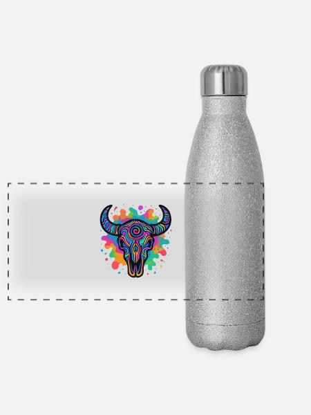 Colorful bull skull - Panoramic Glitter Thermal Bottle 500 ml - silver glitter - Front