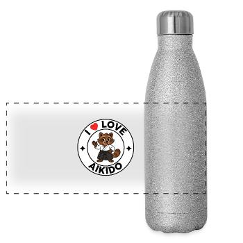 I love Aikido – Red Heart Tanuki - Panoramic Glitter Thermal Bottle 500 ml - silver glitter - Front