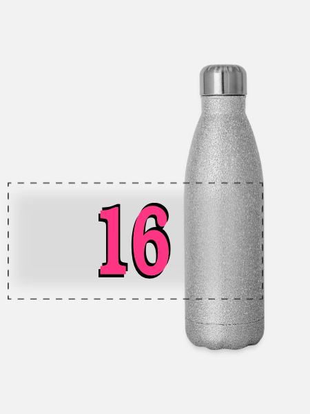 16 . Geburtstag - Panorama Glitzer Isolierflasche 500 ml - Silber Glitzer - Vorne