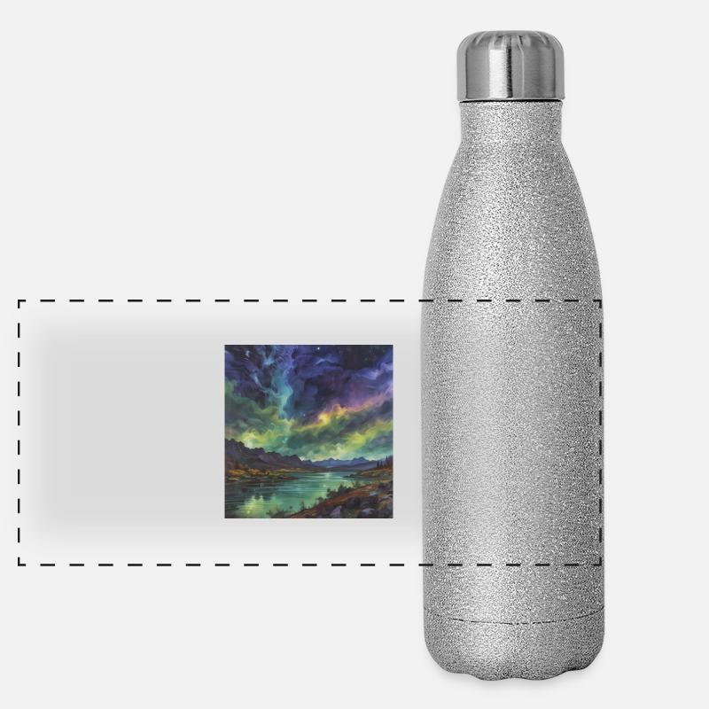 Aurores boréales au-dessus du lac tranquille Gourde isotherme panoramique pailletée 500 ml