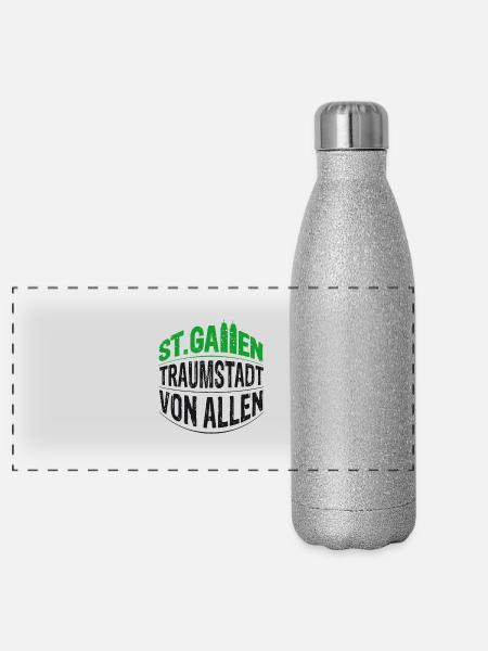 St.Gallen - Traumstadt von allen - Panorama Glitzer Isolierflasche 500 ml - Silber Glitzer - Vorne