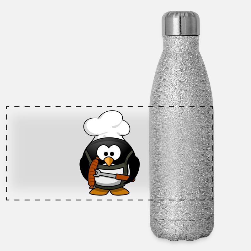 Kochender Pinguin mit Bratwurst. Geschenkidee Panorama Glitzer Isolierflasche 500 ml