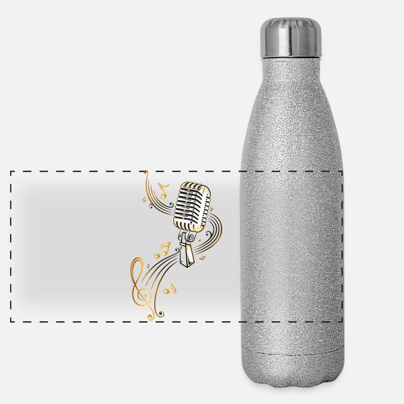 Retro microphone with music notes and clef. Panoramic Glitter Thermal Bottle 500 ml