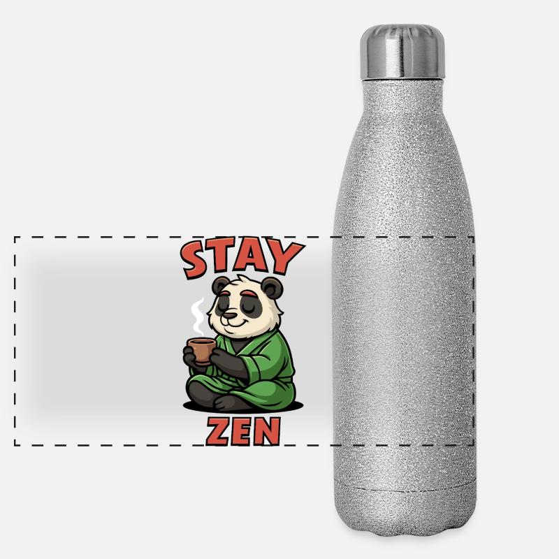 Panda monk with tea and Stay Zen lettering Panoramic Glitter Thermal Bottle 500 ml