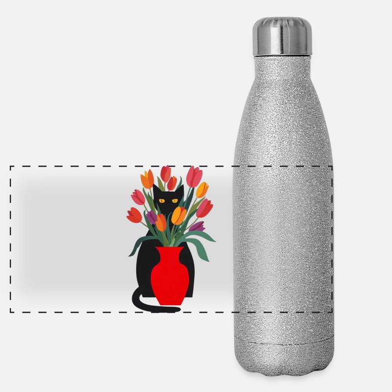 Chat noir et tulipes Gourde isotherme panoramique pailletée 500 ml