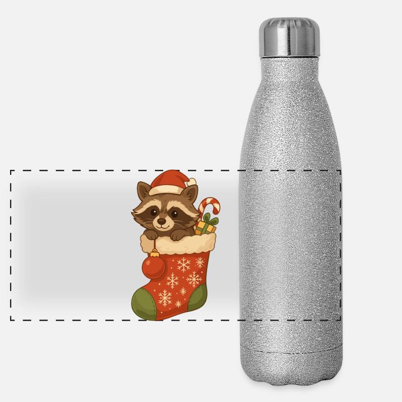 Weihnachts-Waschbär im Strumpf – Süßes Motiv Panorama Glitzer Isolierflasche 500 ml
