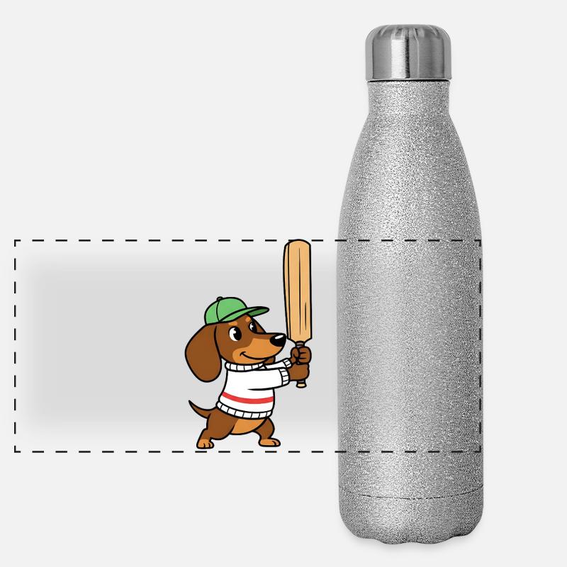 Dessin animé du teckel grillon avec une batte Gourde isotherme panoramique pailletée 500 ml