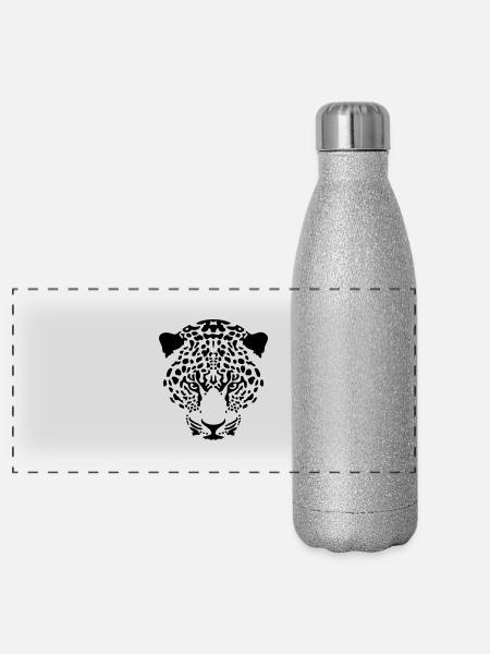tawny panther wild cat cheetah predator - Panoramic Glitter Thermal Bottle 500 ml - silver glitter - Front
